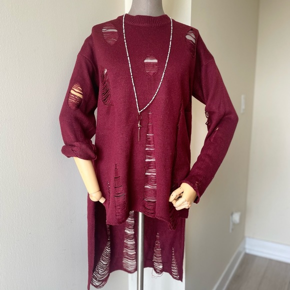 Red Trendy High-Low Knitted Sweater - HENDI - Picture 2 of 8